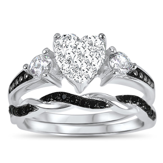 Front view of the women's matching bridal ring set, showing the engagement ring and matching wedding band on white.