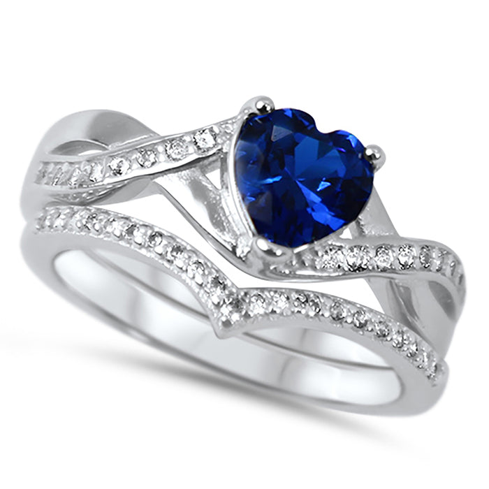 Heart Cut Simulated Blue Sapphire Wedding Engagement Ring Set for Women