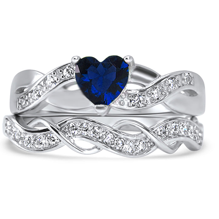 Heart Cut Simulated Blue Sapphire Wedding Engagement Ring Set for Women