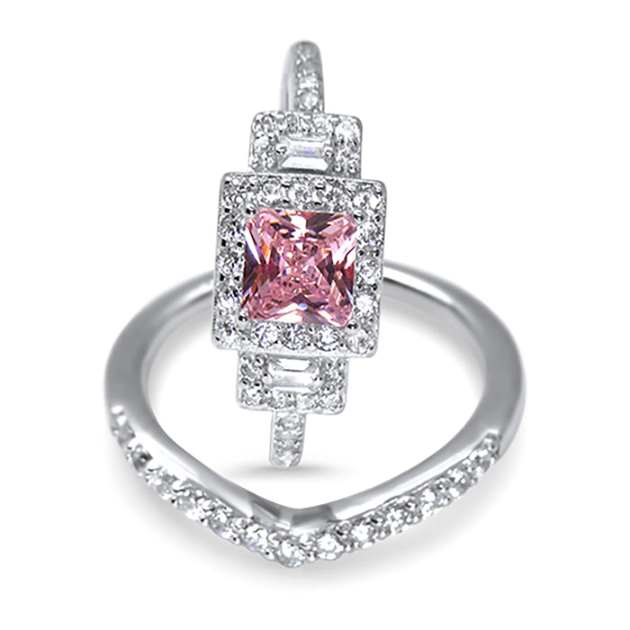 Princess Cut Pink Topaz CZ Wedding Engagement Ring Set for Women in Sterling Silver