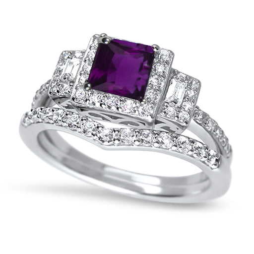 Princess Cut Sterling Silver Amethyst Purple CZ Wedding Engagement Ring Set Size 10