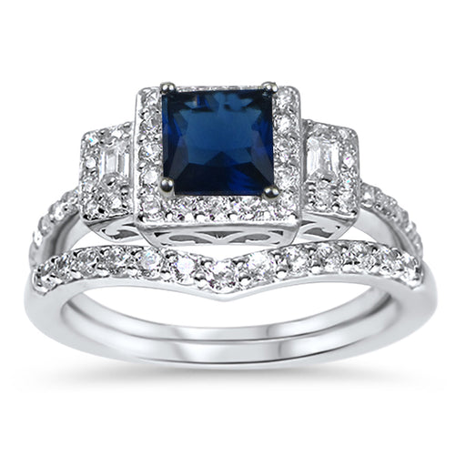 Princess Cut Halo Simulated Blue Sapphire Wedding Engagement Ring Set for Women