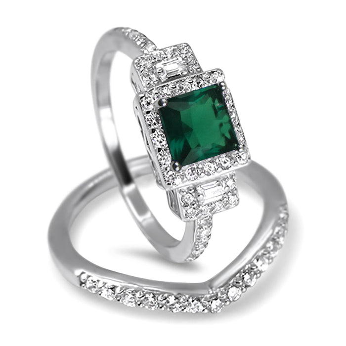 His and Her Emerald Green TRIO Wedding Ring Set