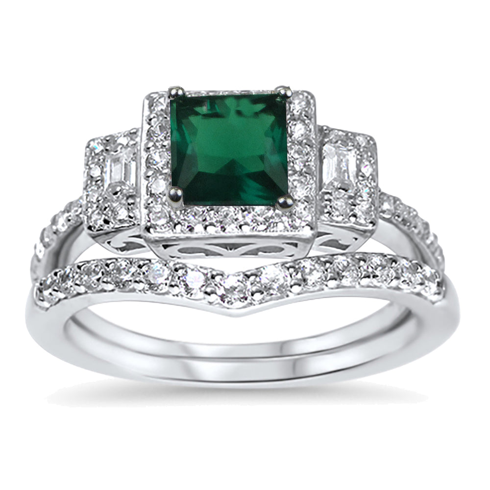 Emerald Green Halo Wedding Ring Set