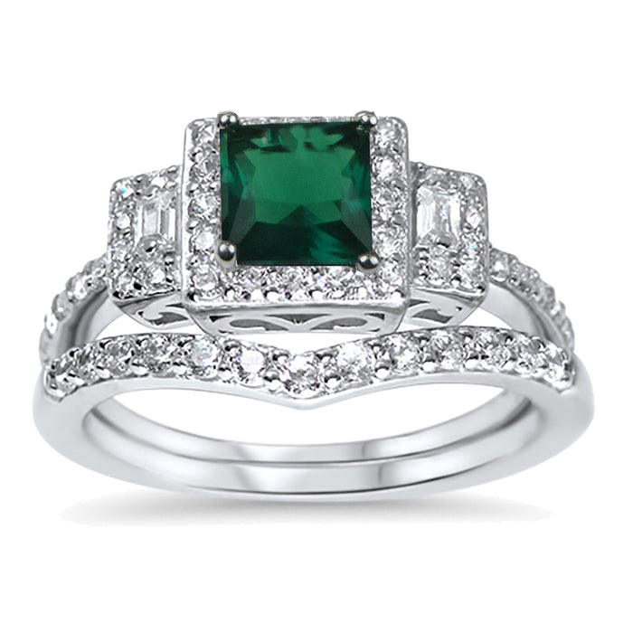 His and Her Emerald Green TRIO Wedding Ring Set
