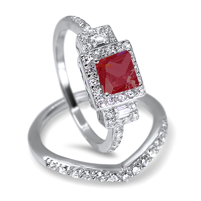 Ruby Red His and Hers TRIO Wedding Ring Set