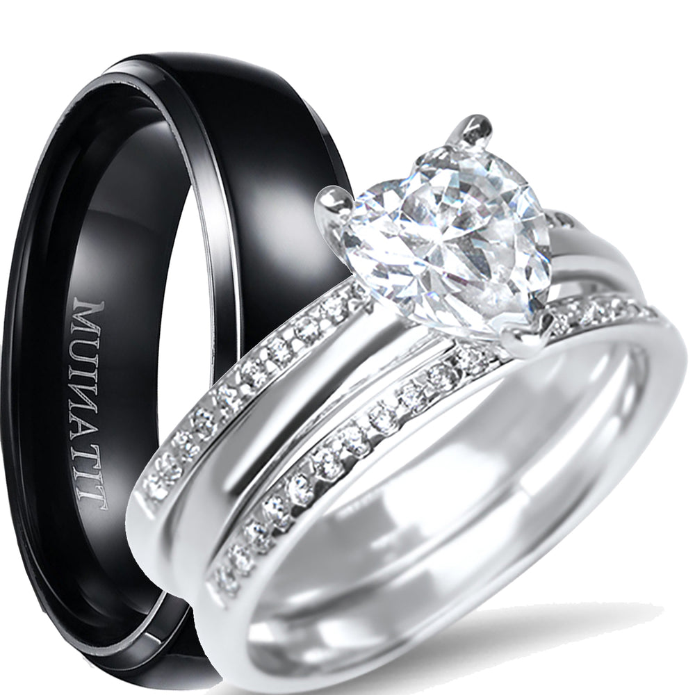 His and Hers Silver Titanium Trio Wedding Ring Set