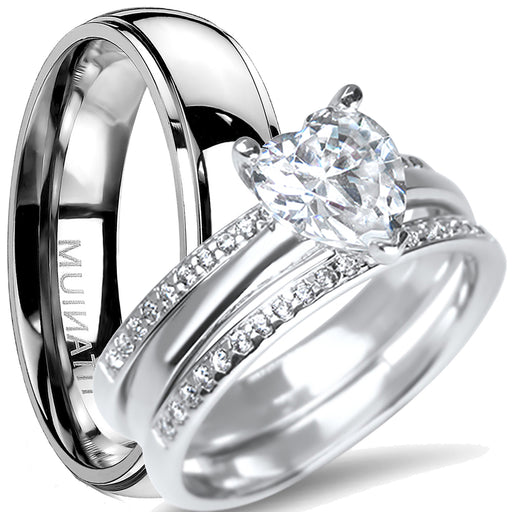 His and Her Silver Titanium TRIO Wedding Engagement Ring Set