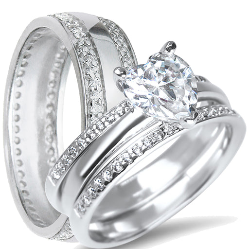 His and Her Sterling Silver TRIO Silver Wedding Ring Set