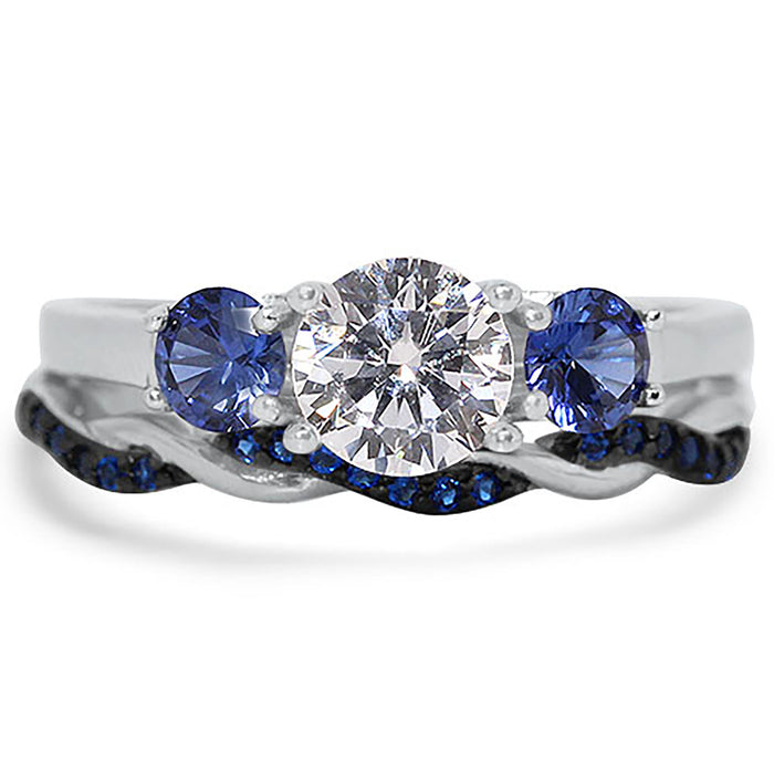 His Her Blue Sapphire CZ Silver Steel TRIO Wedding Ring Set