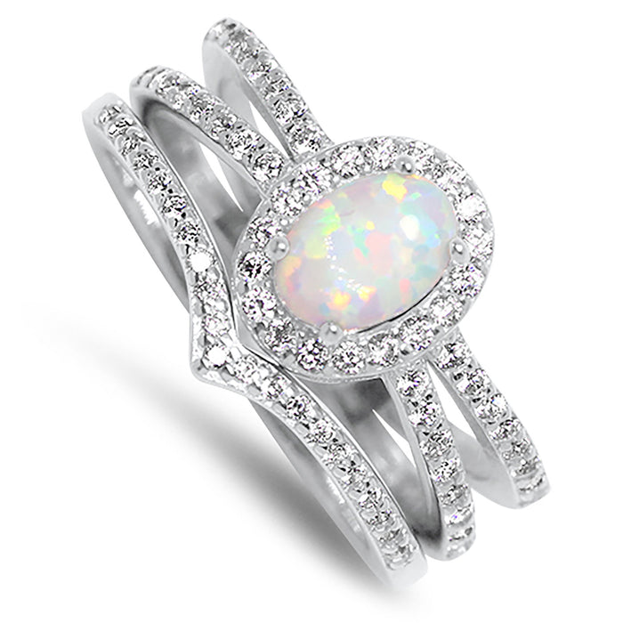 His and Her Wedding Ring Set Sterling Silver Opal