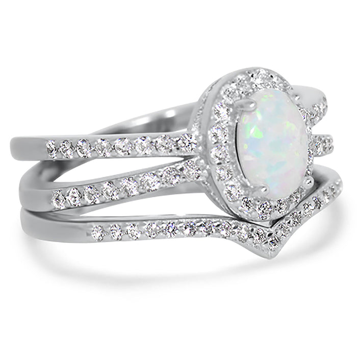 His Her White Opal Sterling Silver TRIO Wedding Ring Set