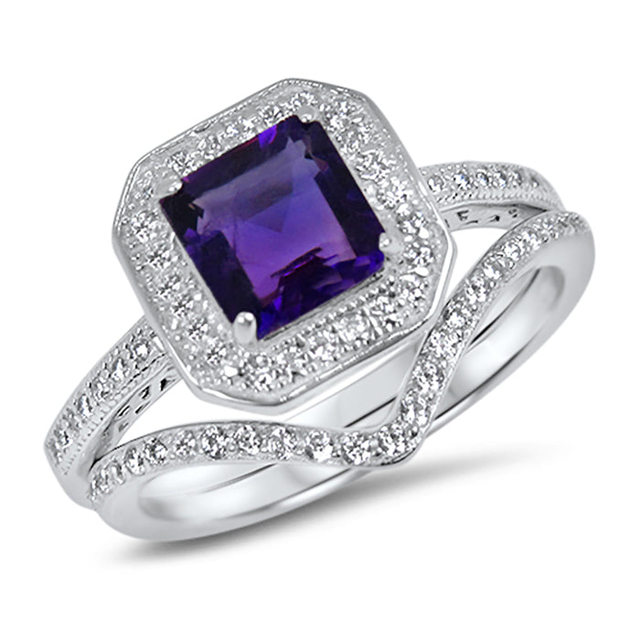 Purple Amethyst Wedding Engagement Ring Set Women