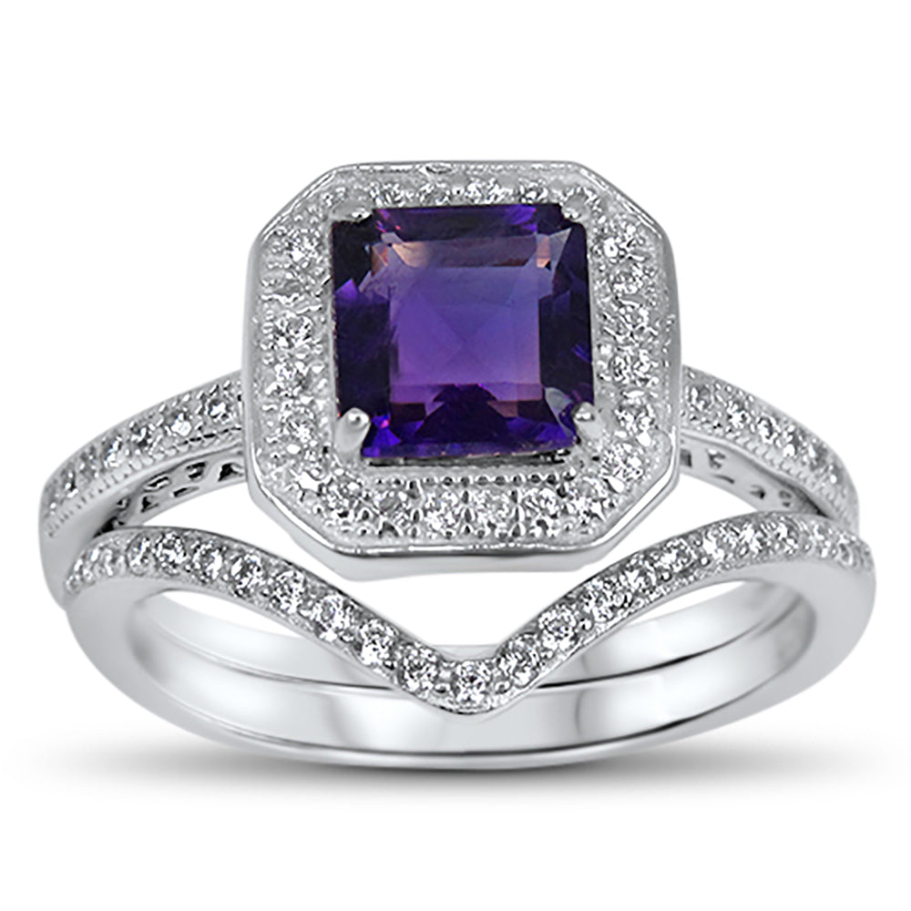 Purple Amethyst Wedding Engagement Ring Set Women