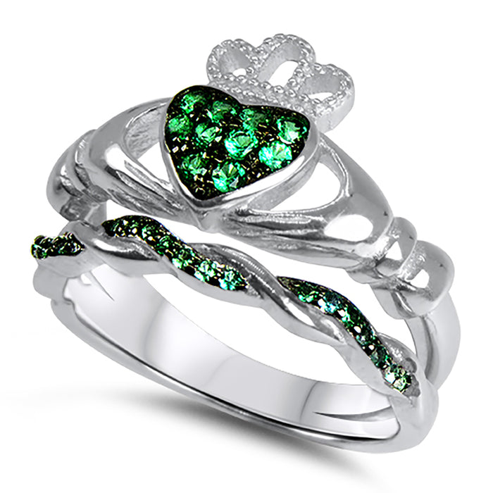 His Her Wedding Engagement Ring Set Emerald Green Claddagh Bridal Bands for Him Her