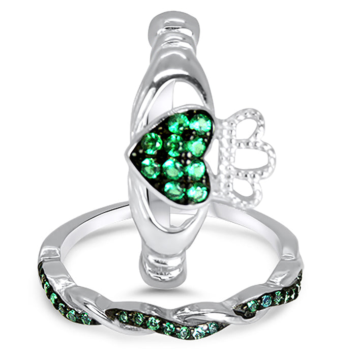 His Her Wedding Engagement Ring Set Emerald Green Claddagh Bridal Bands for Him Her