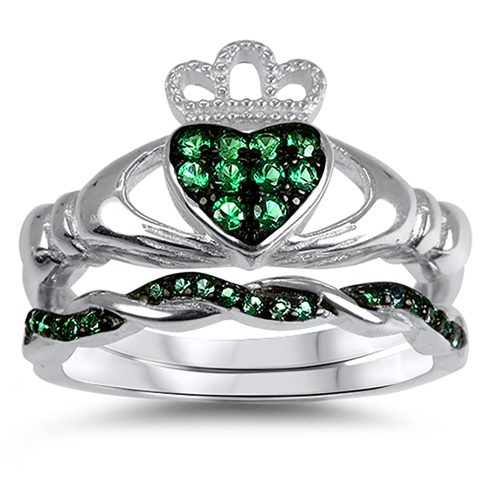 His Her Wedding Engagement Ring Set Emerald Green Claddagh Bridal Bands for Him Her