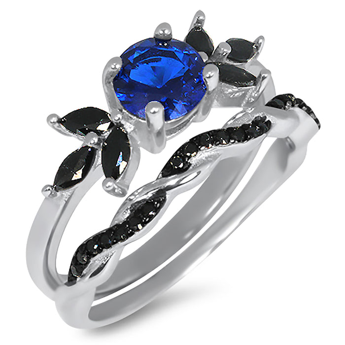 Unique Blue Sapphire and Black CZ Wedding Engagement Ring Set for Women