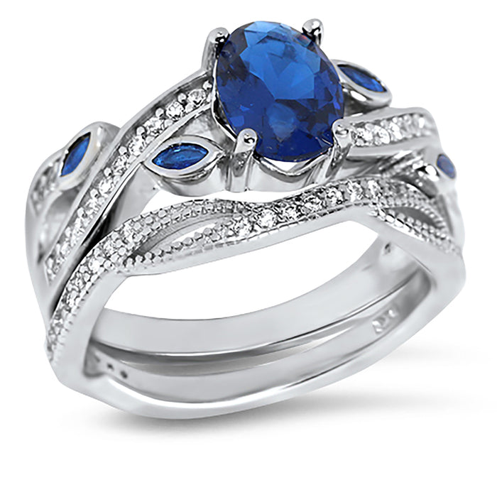 Oval Cut Sterling Silver Simulated Blue Sapphire Wedding Engagement Ring Set for Women