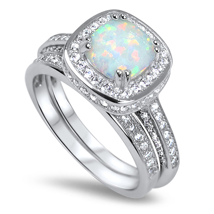 White Opal Wedding Engagement Ring Set for Women