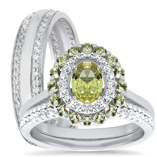 His and Her Peridot Green TRIO Wedding Engagement Ring Set