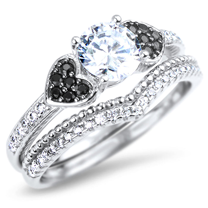 Sterling Silver Black White CZ Wedding Engagement Ring Set for Women