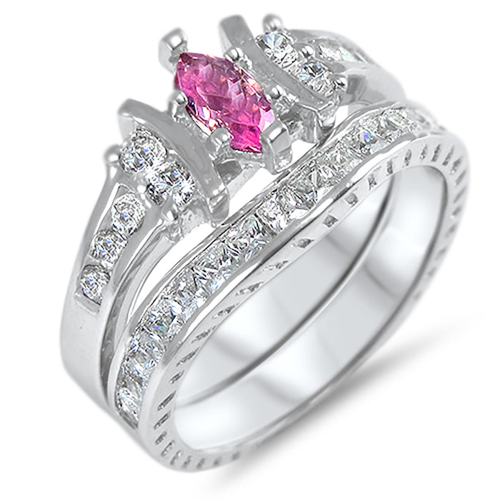 1 Carat Marquise Sterling Silver Pink Topaz CZ Wedding Engagement Ring Set for Women
