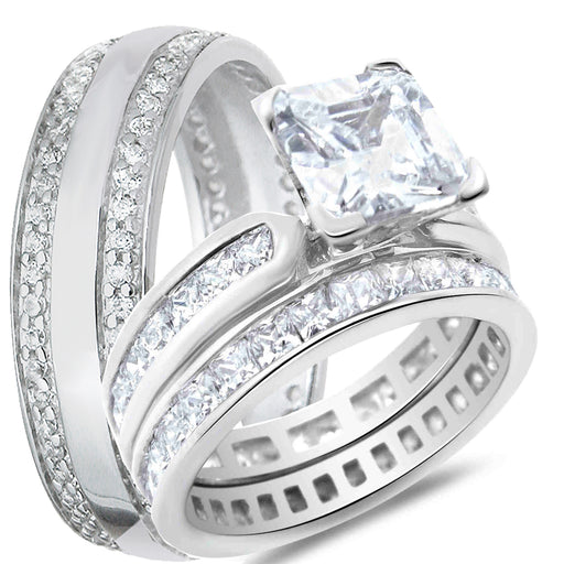 His and Hers 3 Piece Sterling Silver Princess Cut CZ Wedding Engaement Ring Set