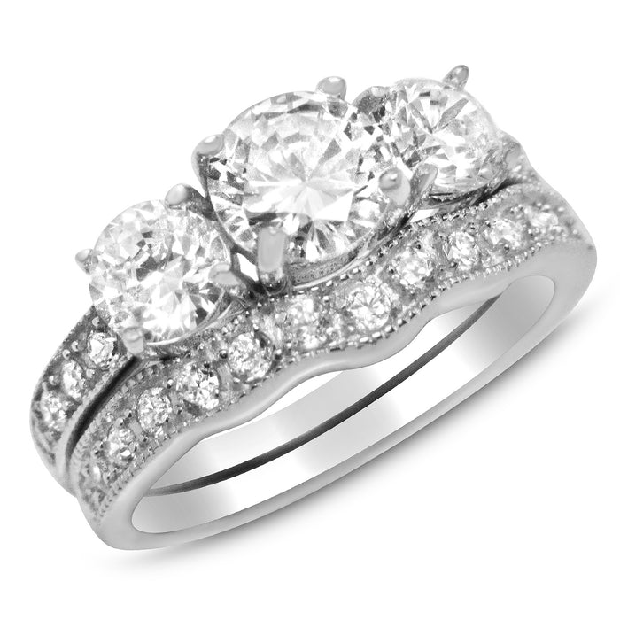 His and Her Silver TRIO Wedding Engagement Ring Set