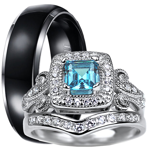 His and Her TRIO Silver Titanium 3 PCS Wedding Engagement Ring Set