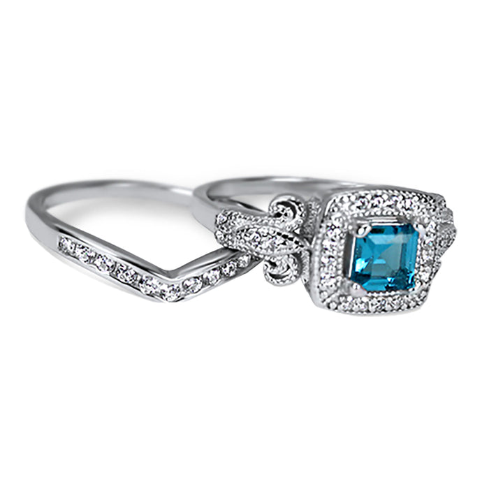 His and Her Wedding Ring Set Vintage Princess Cut Simulated Blue Topaz Silver Titanium