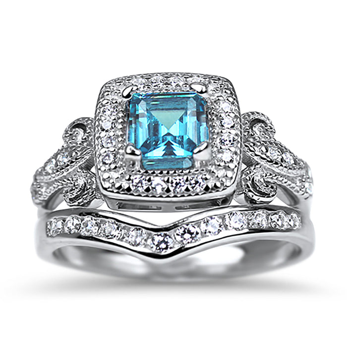 His and Her Wedding Ring Set Vintage Princess Cut Simulated Blue Topaz Silver Titanium